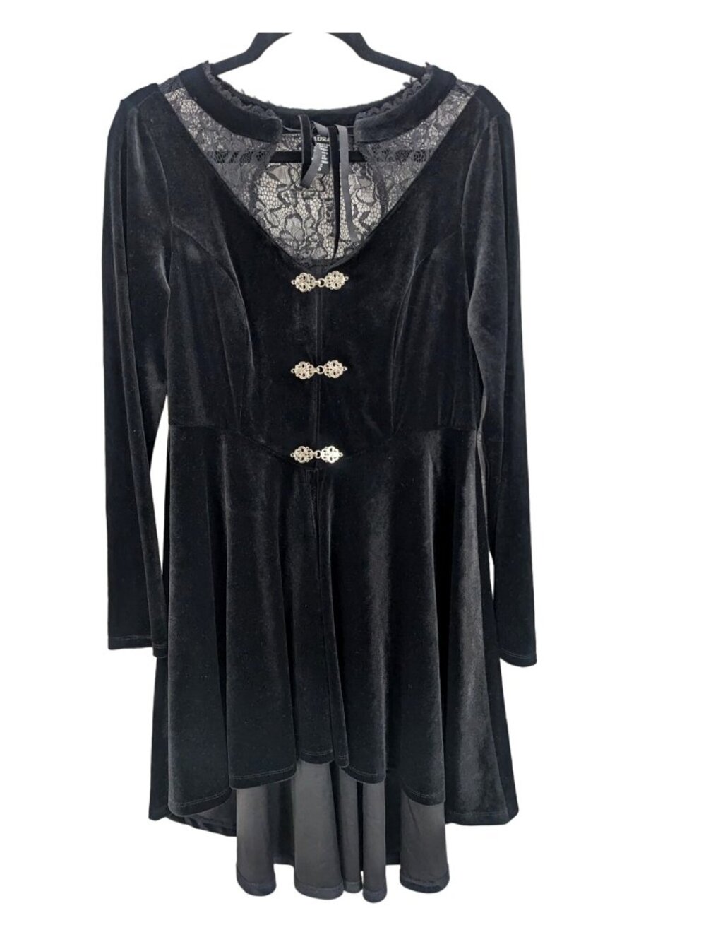 Black Velvet Hi Low Jacket Longline Floral Lace Steampunk Victorian Goth Medium